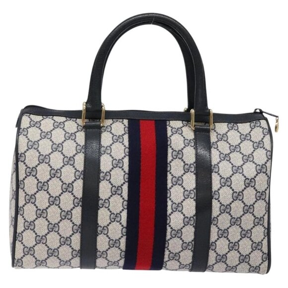 GUCCI GG Supreme Sherry Line Boston Bag PVC Navy Gold Auth ki5935 - Picture 2 of 16